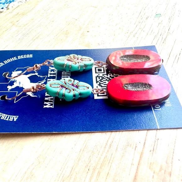 Hand crafted beaded Red and Turquoise Czech Glass handmade Earrings - Picture 2 of 3